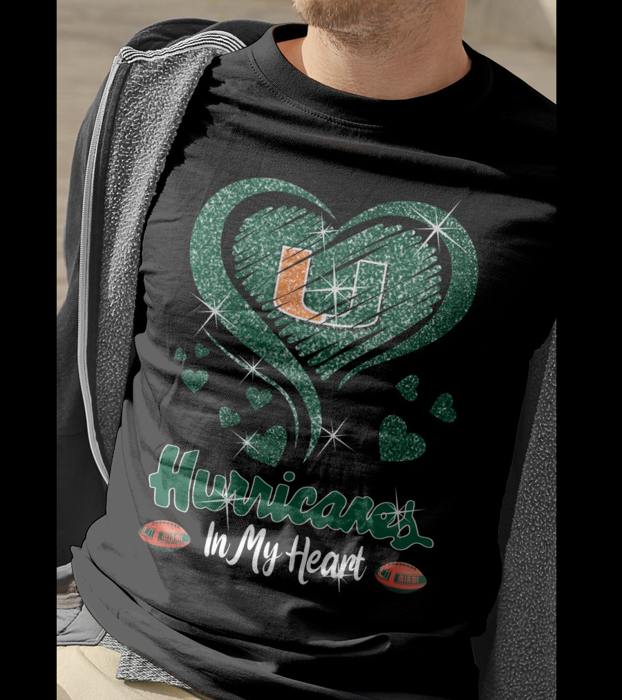 Hurricanes In My Heart Miami U Logo Football Sparkle Hearts T-Shirt