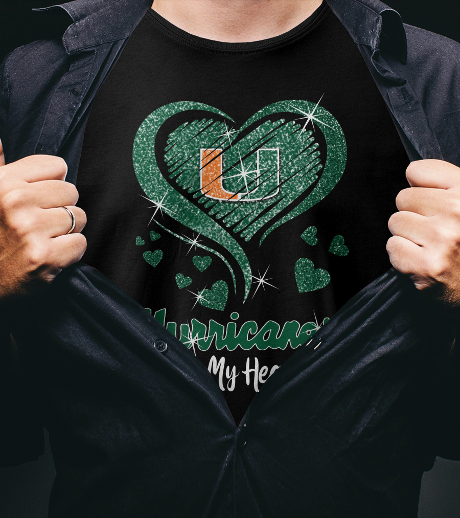 Hurricanes In My Heart Miami U Logo Football Sparkle Hearts T-Shirt