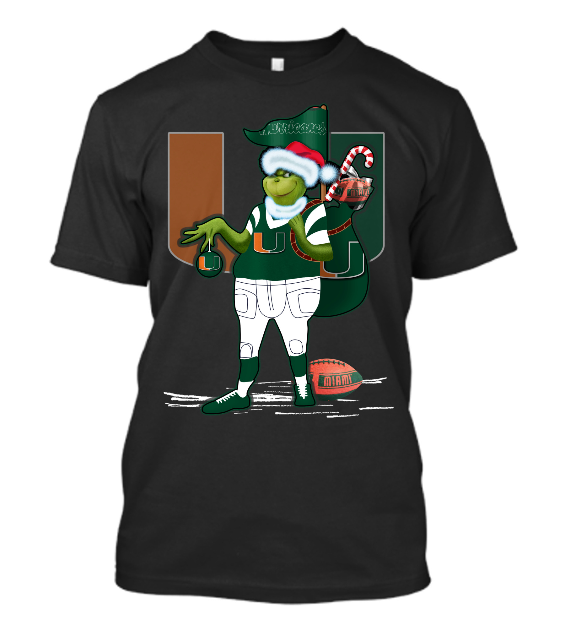 Grinchxmas Miami Hurricanes Festive Football Santa Grinch With Logo And Candy Cane Sack T-Shirt