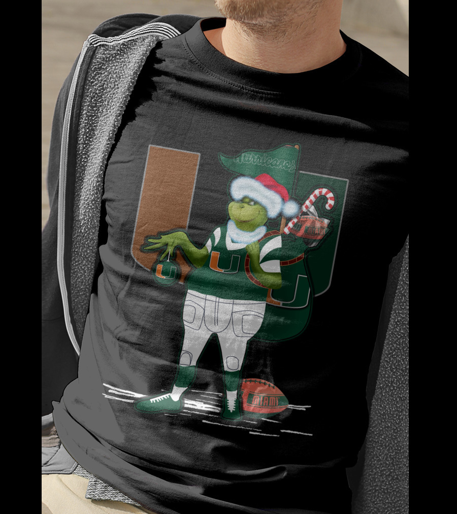 Grinchxmas Miami Hurricanes Festive Football Santa Grinch With Logo And Candy Cane Sack T-Shirt