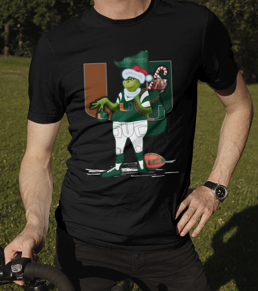 Grinchxmas Miami Hurricanes Festive Football Santa Grinch With Logo And Candy Cane Sack T-Shirt