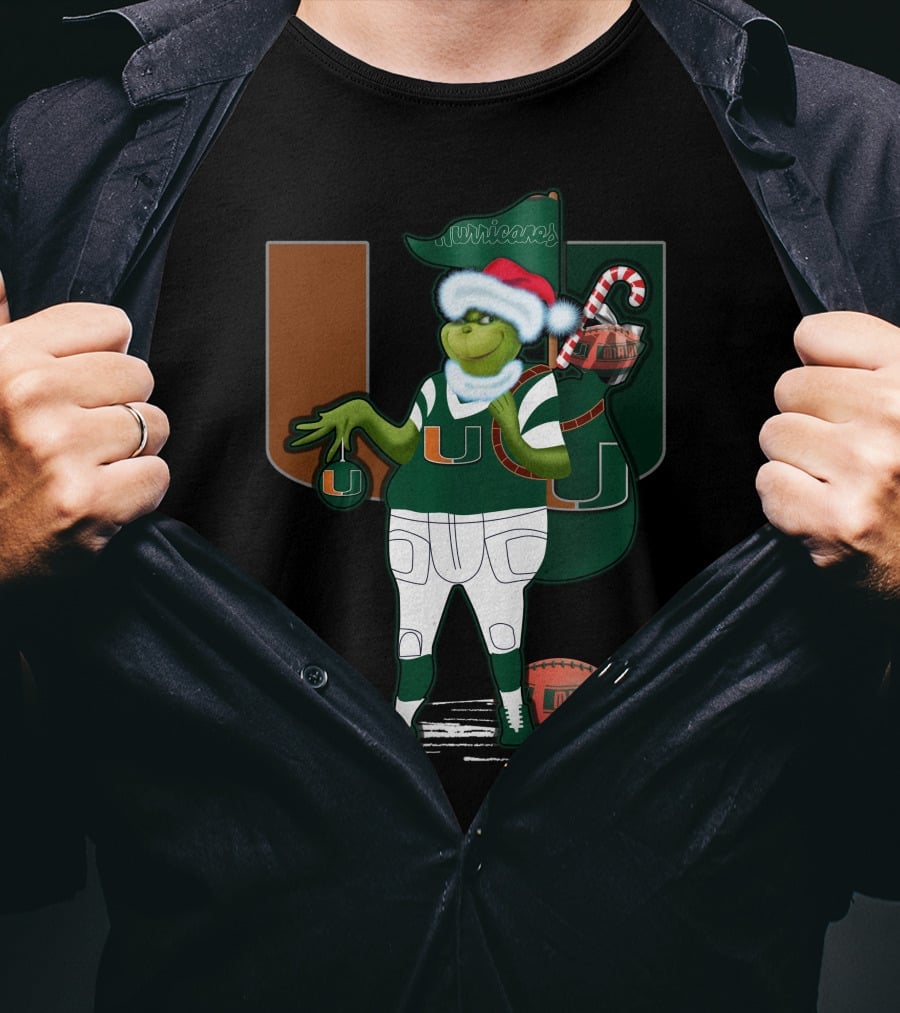 Grinchxmas Miami Hurricanes Festive Football Santa Grinch With Logo And Candy Cane Sack T-Shirt