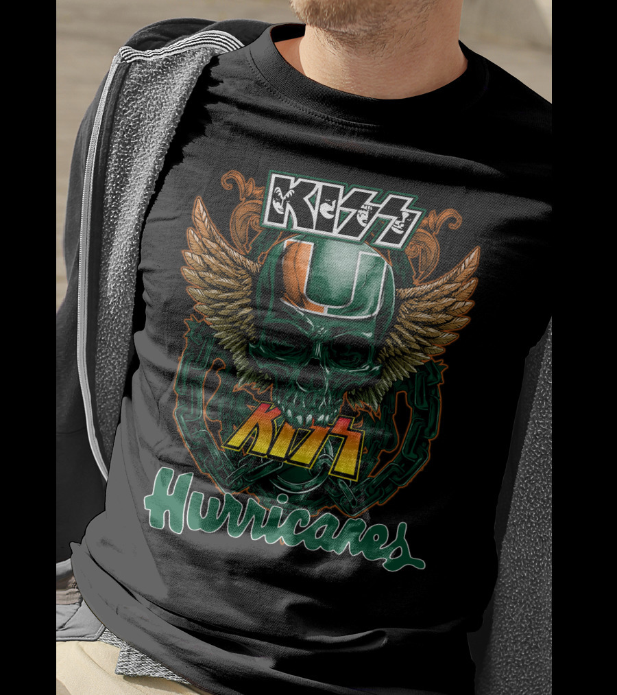 Kiss Miami Hurricanes Skull Winged Helmet Logo Collaboration T-Shirt