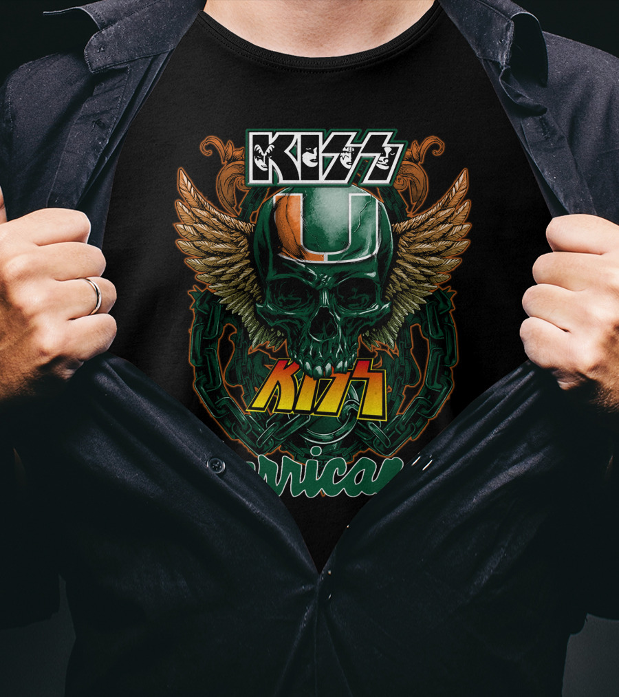 Kiss Miami Hurricanes Skull Winged Helmet Logo Collaboration T-Shirt