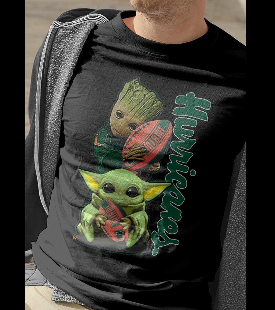 Grzd Miami Hurricanes Baby Yoda Groot Football T-Shirt