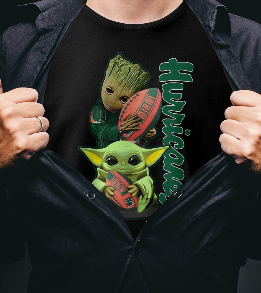 Grzd Miami Hurricanes Baby Yoda Groot Football T-Shirt