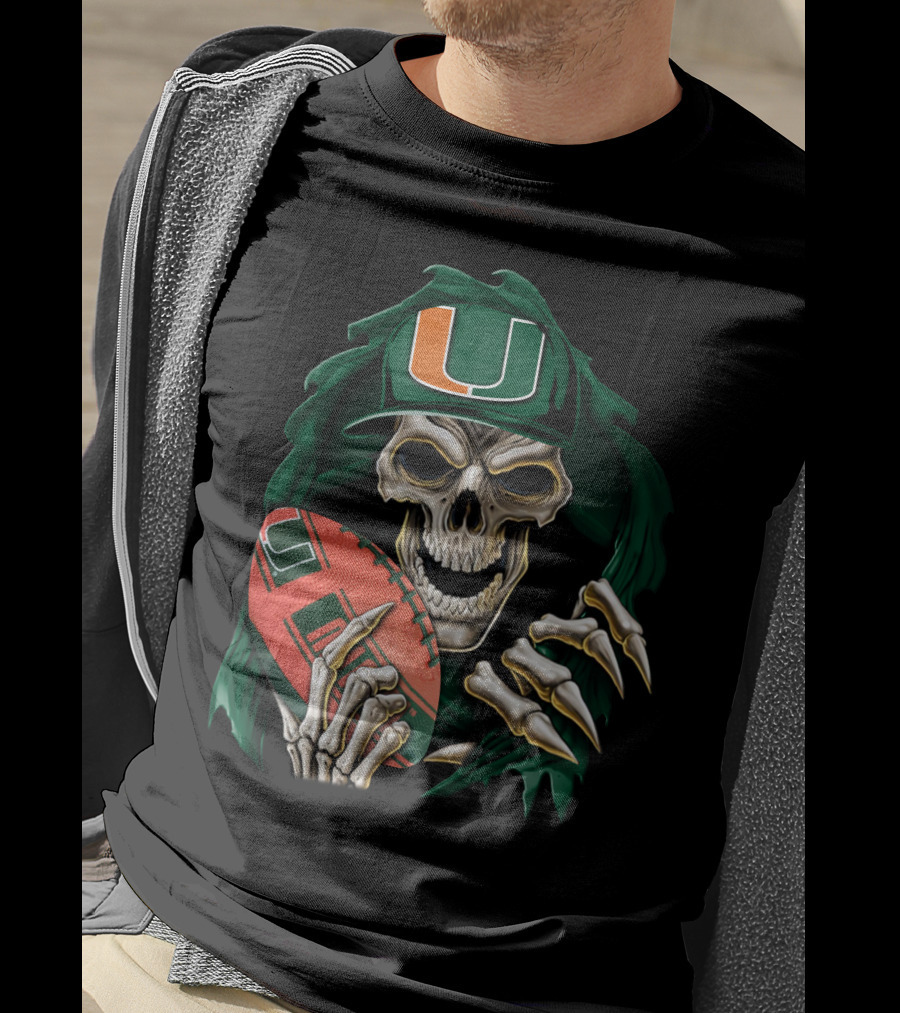 Skullbong Miami Hurricanes Skeleton Holding Football T-Shirt