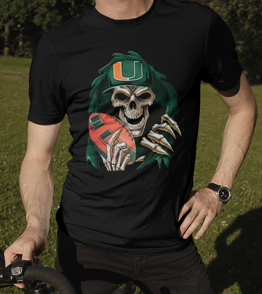 Skullbong Miami Hurricanes Skeleton Holding Football T-Shirt