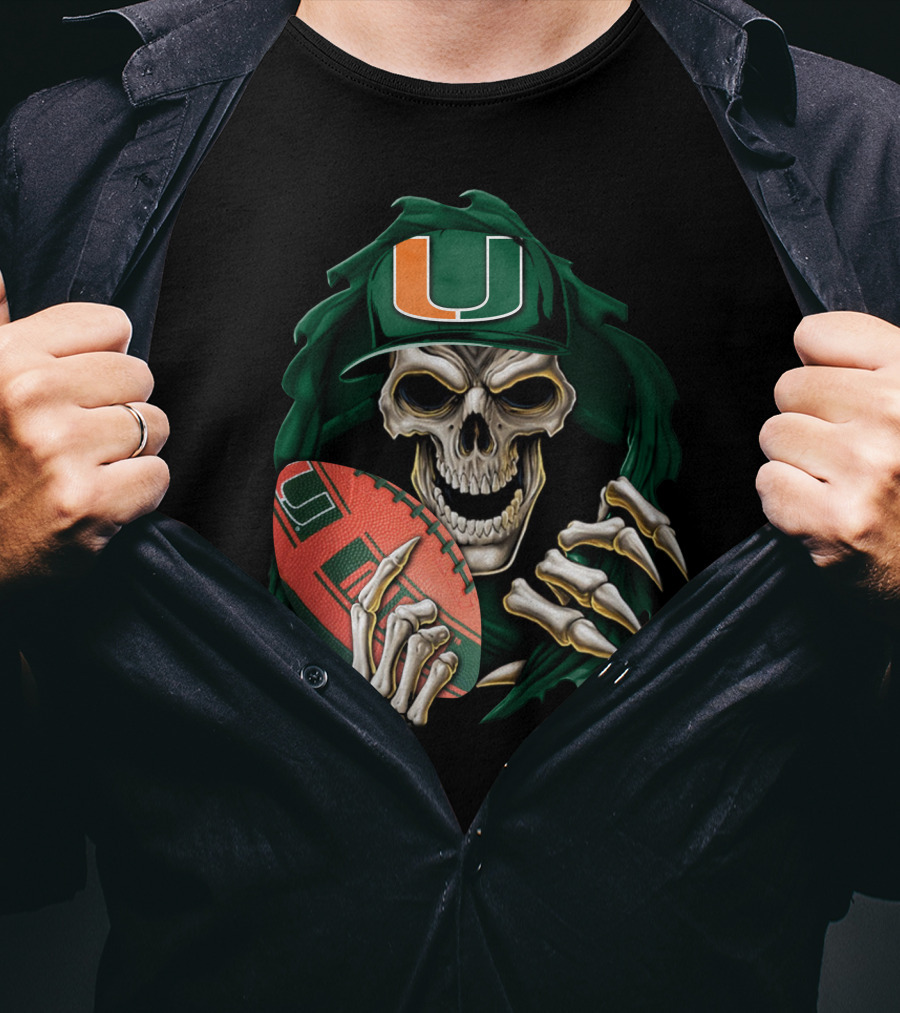 Skullbong Miami Hurricanes Skeleton Holding Football T-Shirt