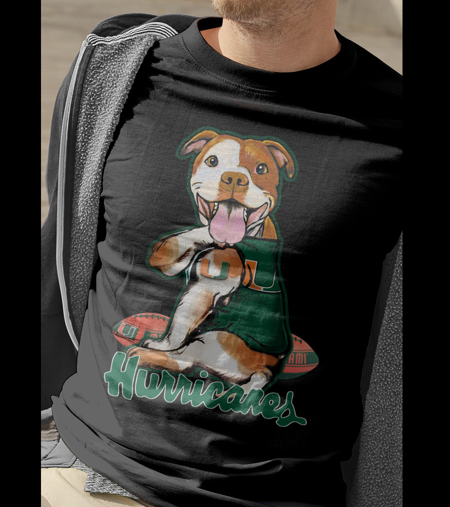Pittbull Wearing Miami Hurricanes U Jersey With Football T-Shirt