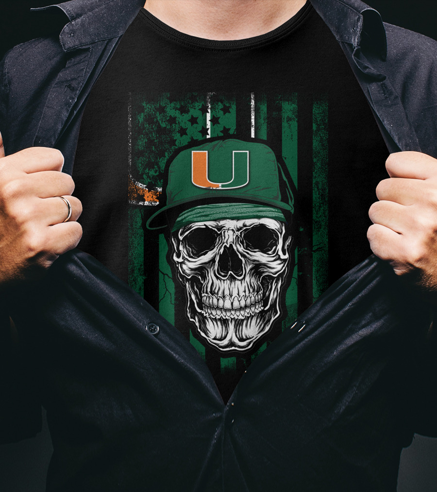 Skull Miami Hurricanes U Logo Cap With Green Stripes T-Shirt
