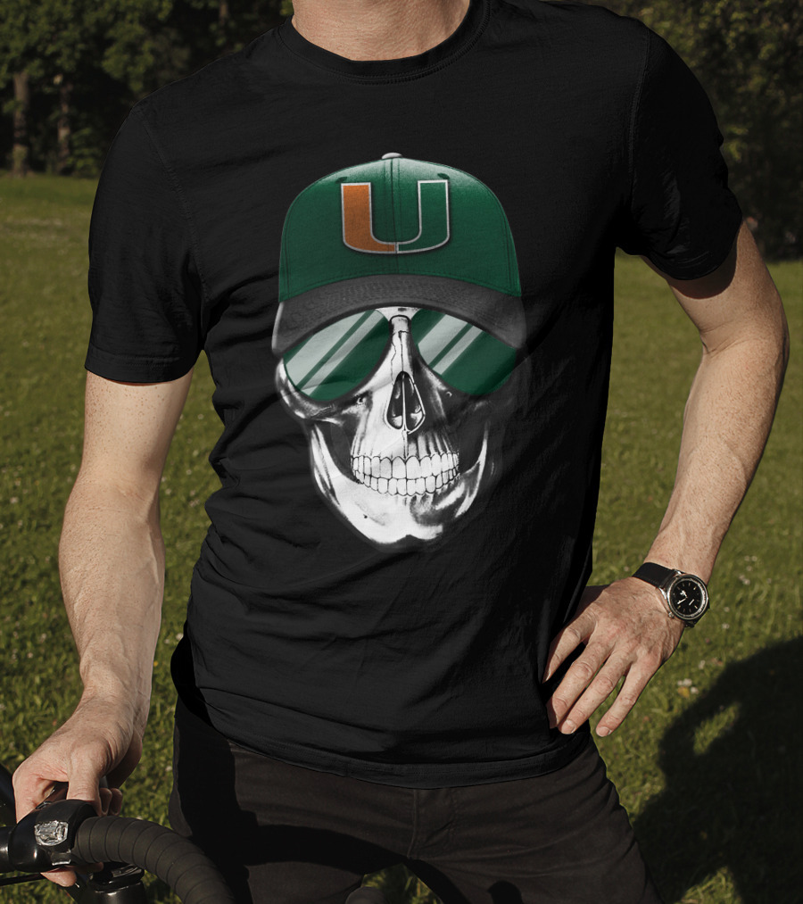 Miami Hurricanes Skull Cap With Reflective Sunglasses T-Shirt