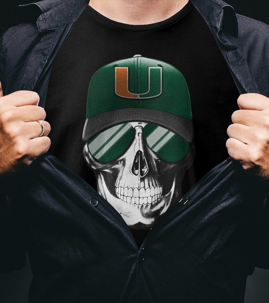 Miami Hurricanes Skull Cap With Reflective Sunglasses T-Shirt