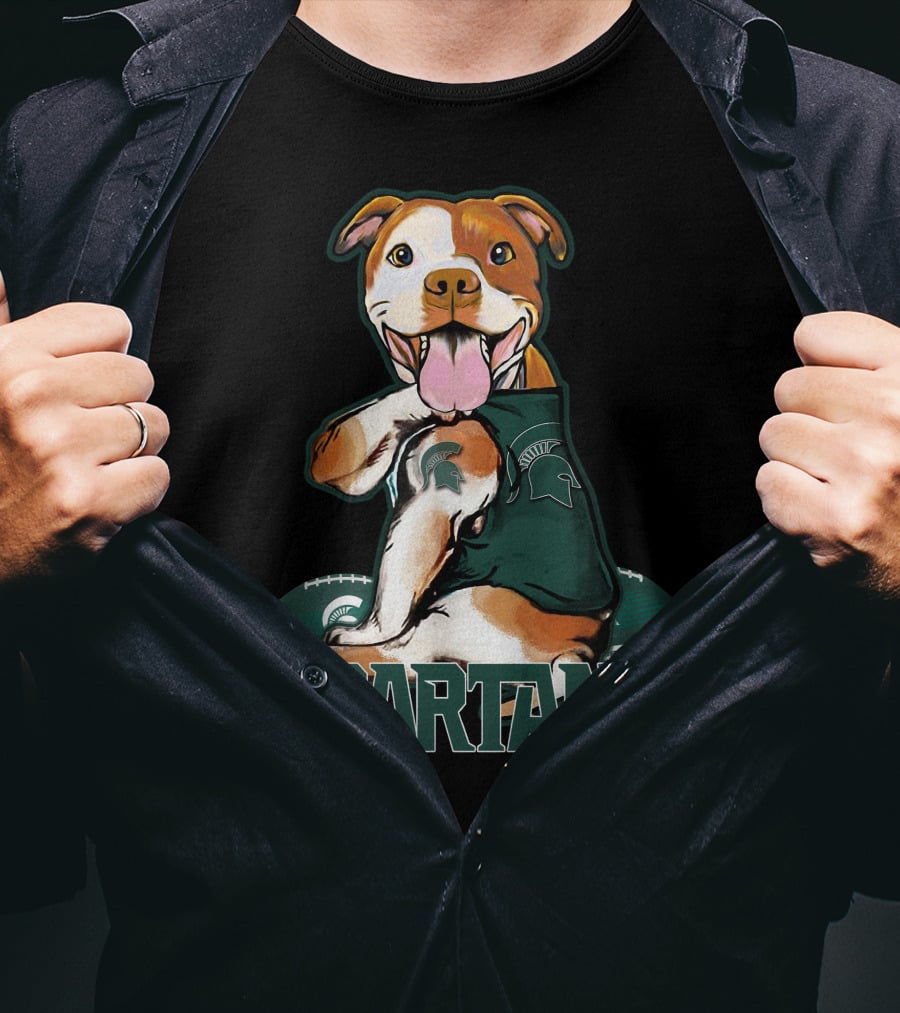 Spartans Pitbull Wearing Michigan State Logo With Football T-Shirt