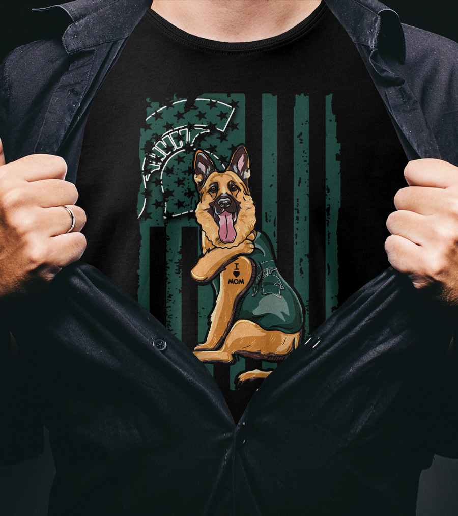 German Shepherd I Love Mom Michigan State Spartans Green And White Stripes T-Shirt