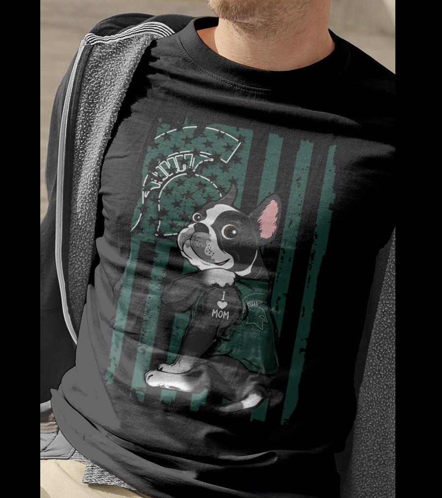 Boston Terrier I Love Mom Michigan State Spartans Paw Prints T-Shirt