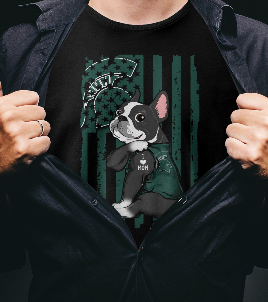 Boston Terrier I Love Mom Michigan State Spartans Paw Prints T-Shirt