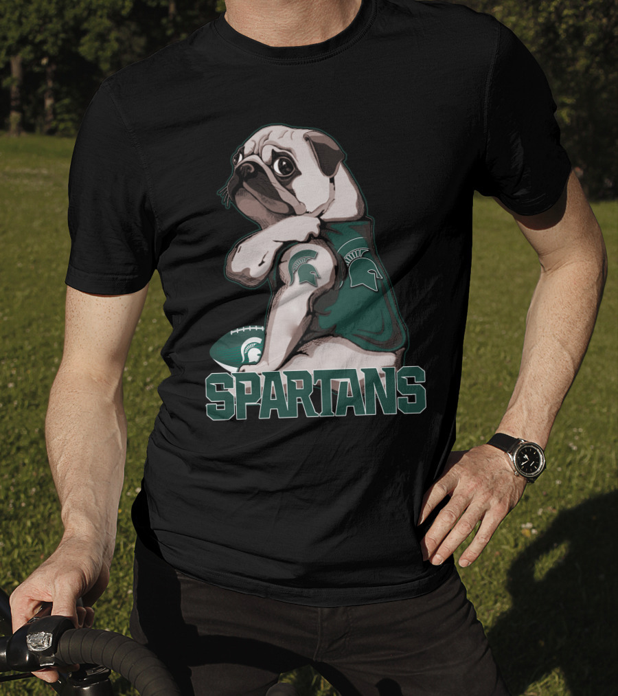 Pug Michigan State Spartans Football Fan With Spartan Helmet T-Shirt