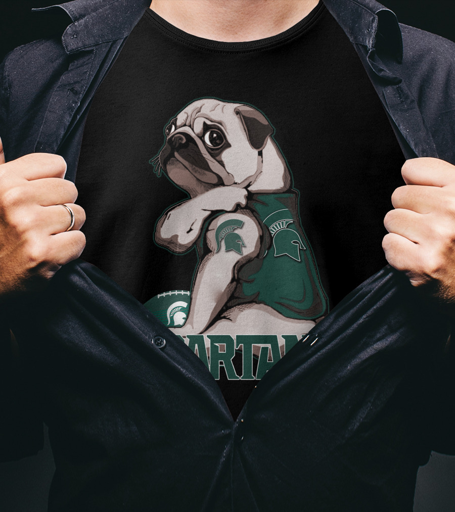 Pug Michigan State Spartans Football Fan With Spartan Helmet T-Shirt