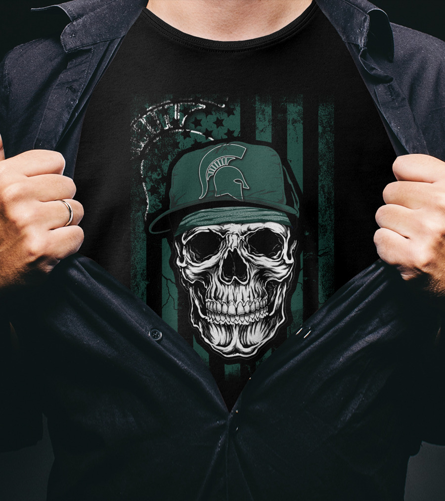 Skull Wearing Michigan State Spartans Cap On Green Stripes With Faded Text T-Shirt