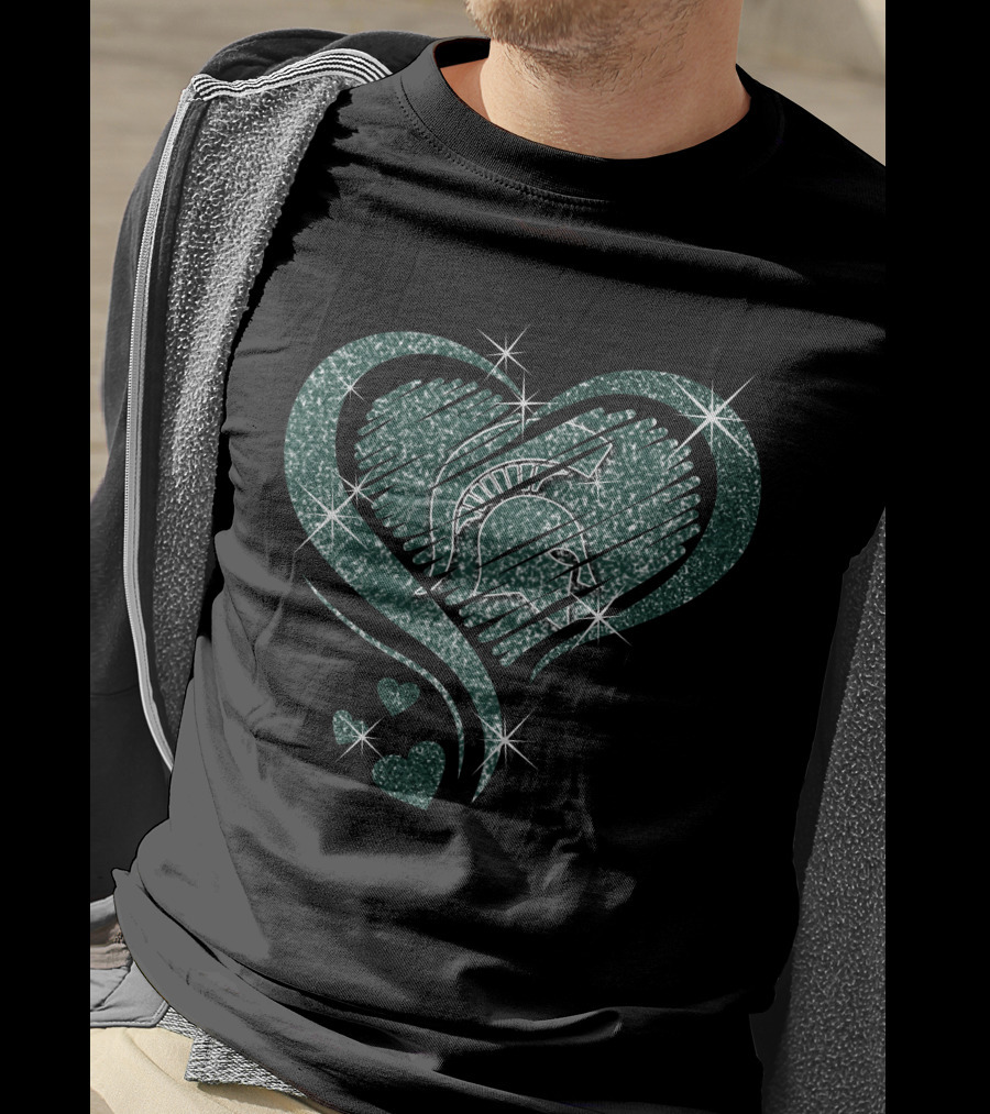 Heart Diamond Glitter Michigan State Spartans Helmet Sparkle T-Shirt