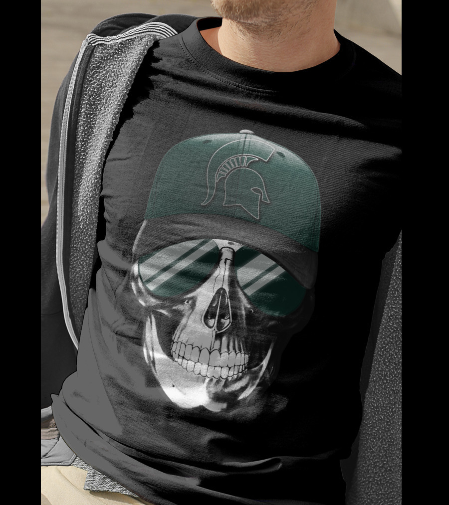 Skull With Hat Featuring Michigan State Spartans Helmet T-Shirt
