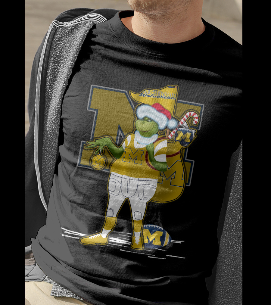 Grinchxmas Michigan Wolverines Santa Hat Football Candy Cane T-Shirt