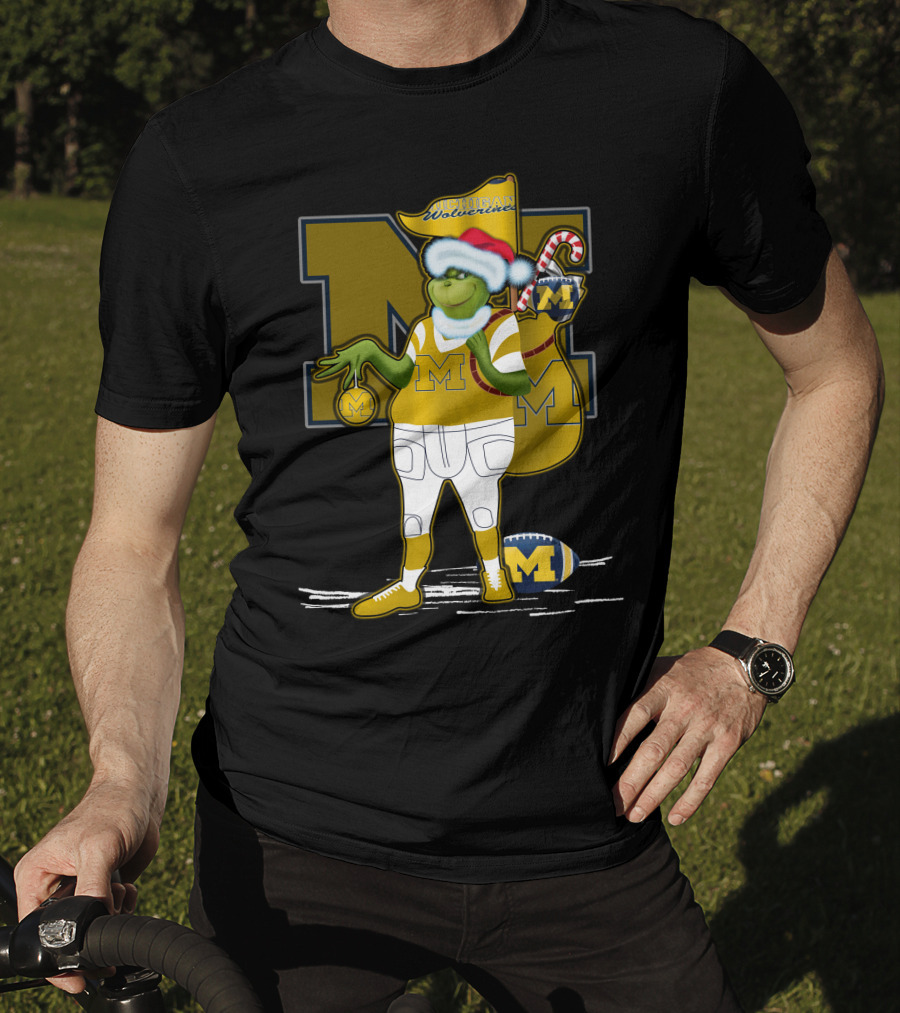 Grinchxmas Michigan Wolverines Santa Hat Football Candy Cane T-Shirt