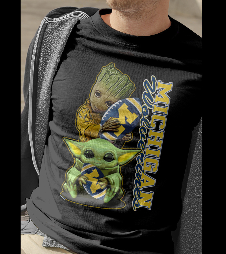 Michigan Wolverines Grogu And Groot Football T-Shirt