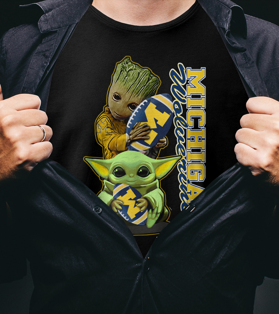 Michigan Wolverines Grogu And Groot Football T-Shirt