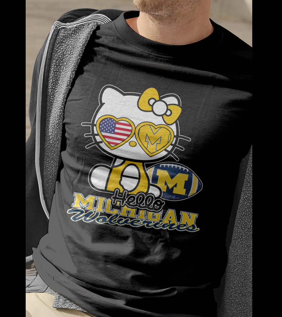 Hello Kitty Michigan Wolverines American Flag Football T-Shirt