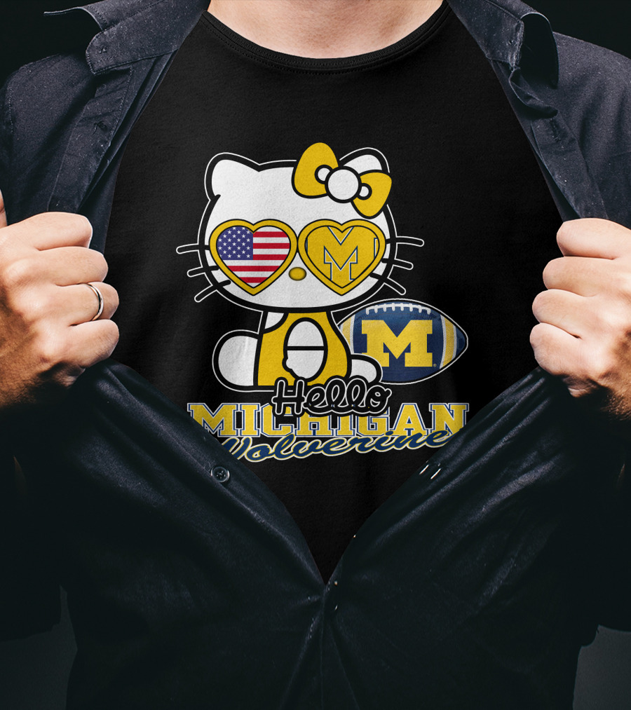 Hello Kitty Michigan Wolverines American Flag Football T-Shirt