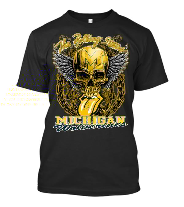 The Rolling Stones Michigan Wolverines Skull With Winged Helmet And Classic Tongue T-Shirt