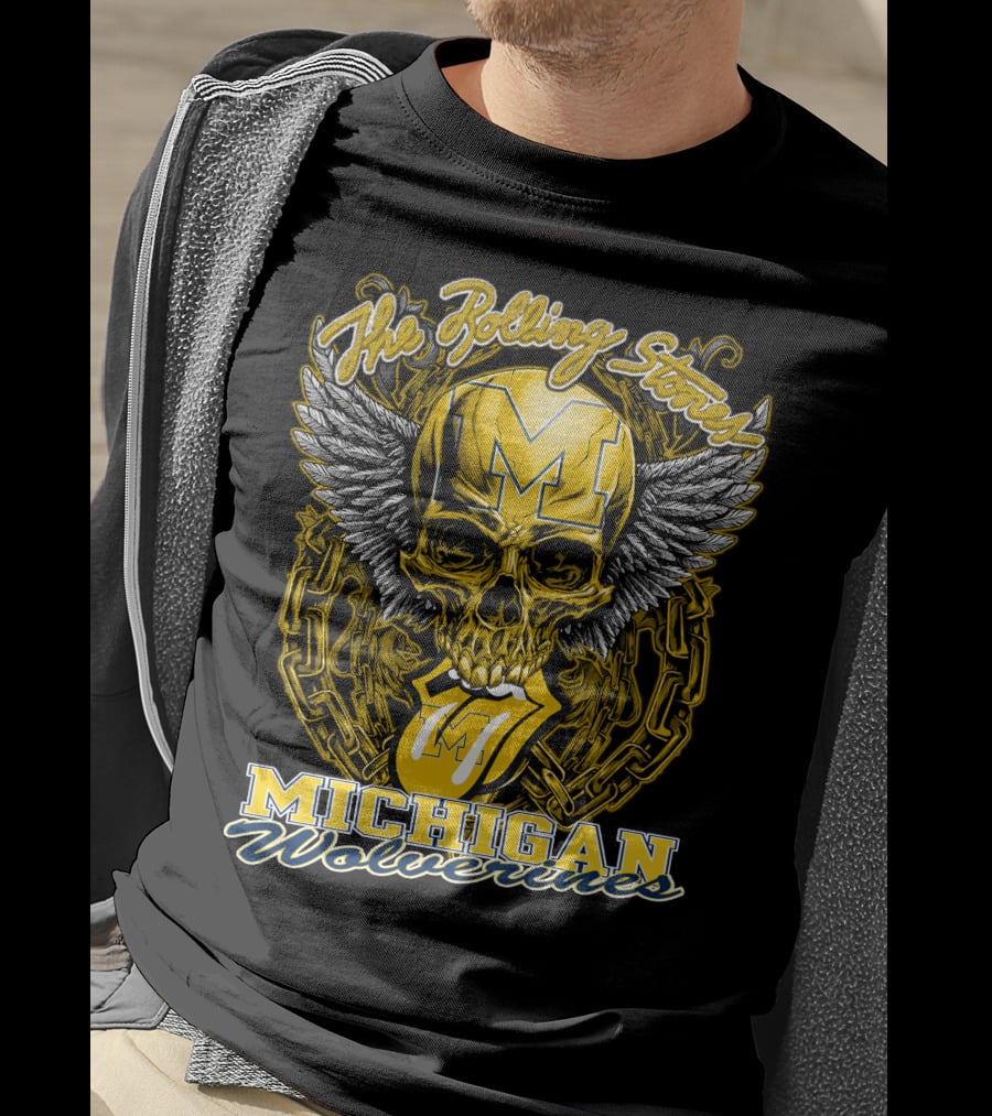 The Rolling Stones Michigan Wolverines Skull With Winged Helmet And Classic Tongue T-Shirt