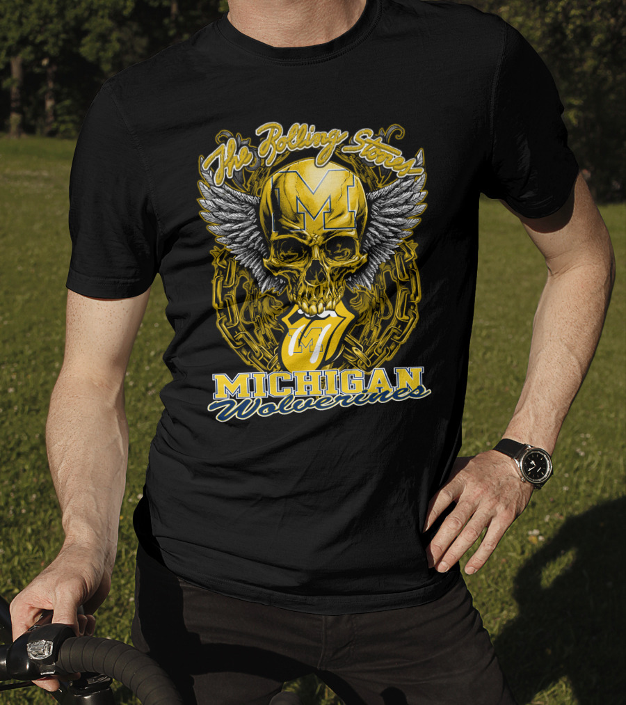 The Rolling Stones Michigan Wolverines Skull With Winged Helmet And Classic Tongue T-Shirt