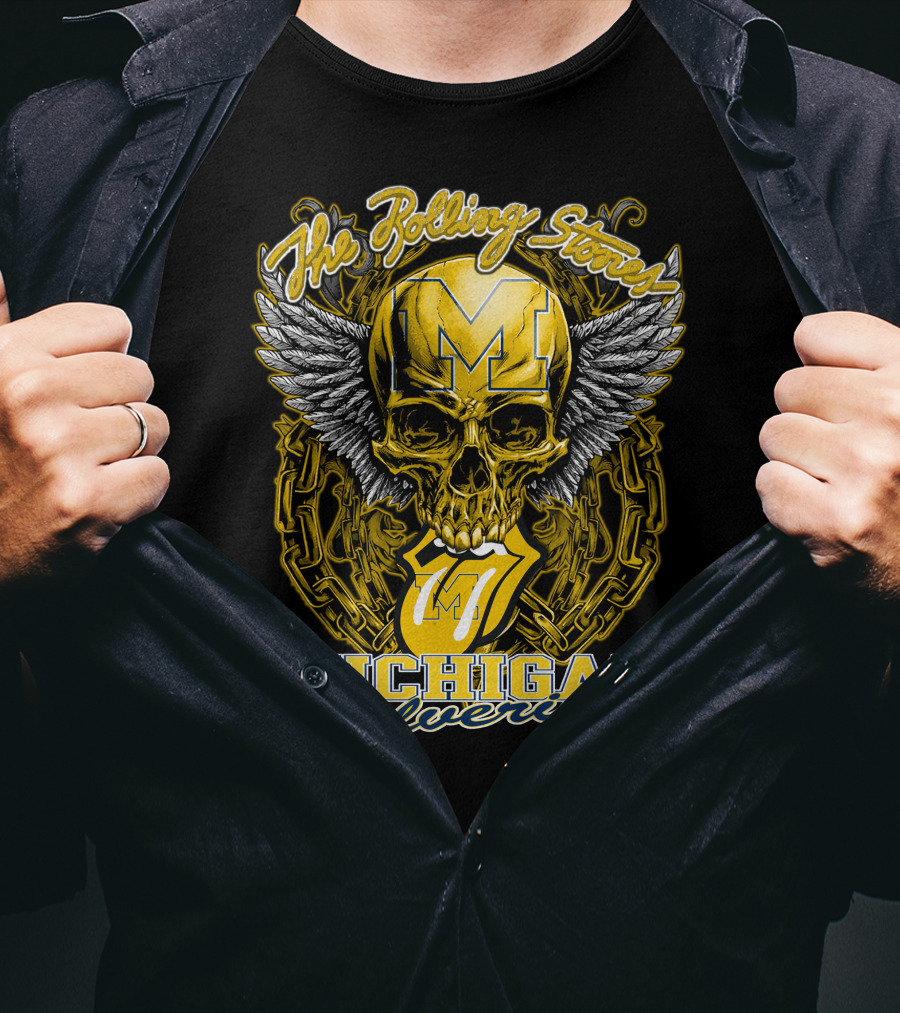 The Rolling Stones Michigan Wolverines Skull With Winged Helmet And Classic Tongue T-Shirt