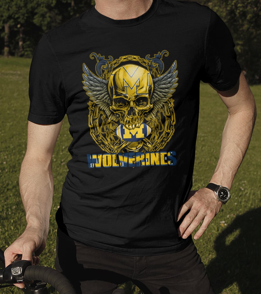 Skullfb Wolverines M Winged Skull And Football Michigan T-Shirt