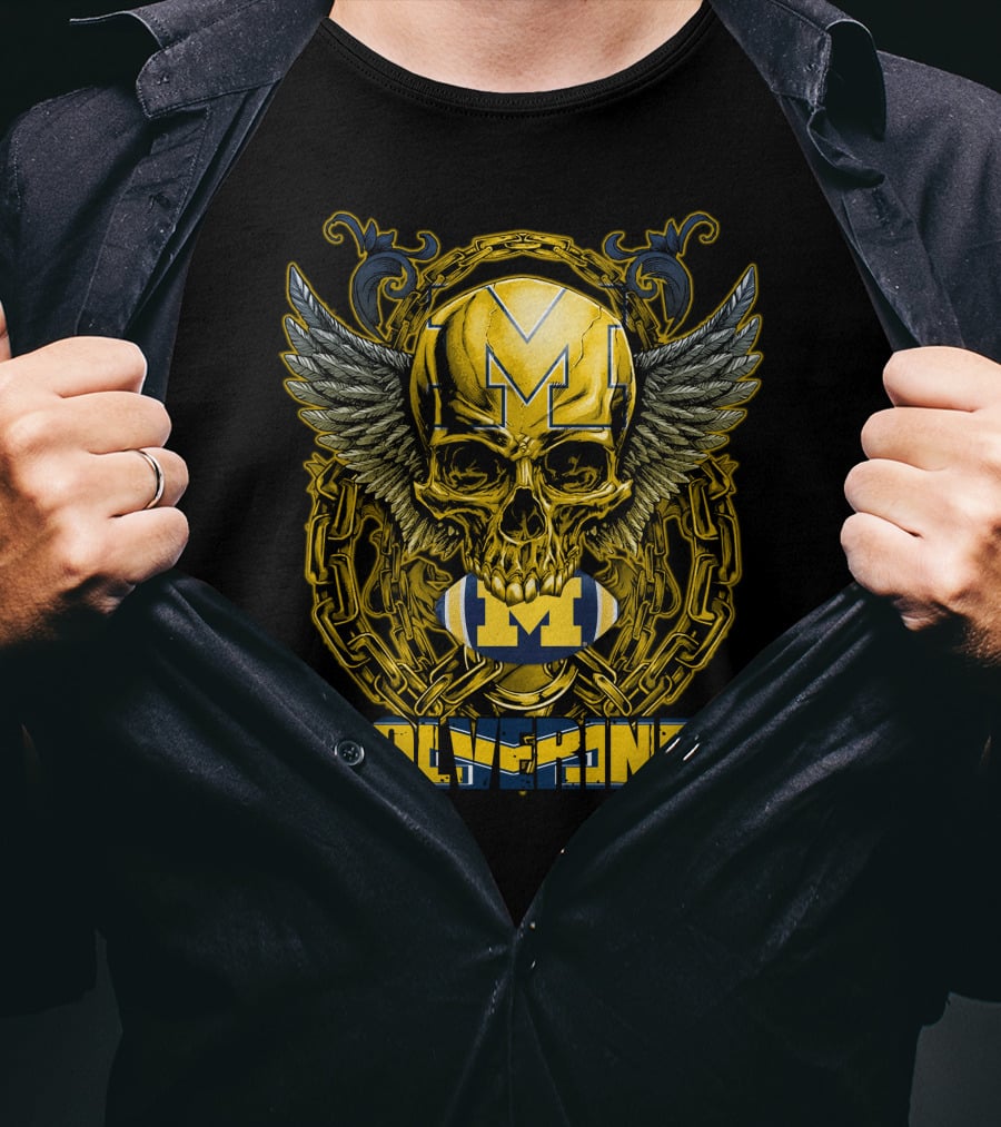 Skullfb Wolverines M Winged Skull And Football Michigan T-Shirt