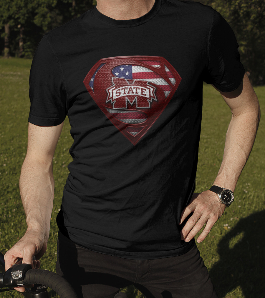 Mississippi State Bulldogs State M Superhero Usa Flag Shield T-Shirt