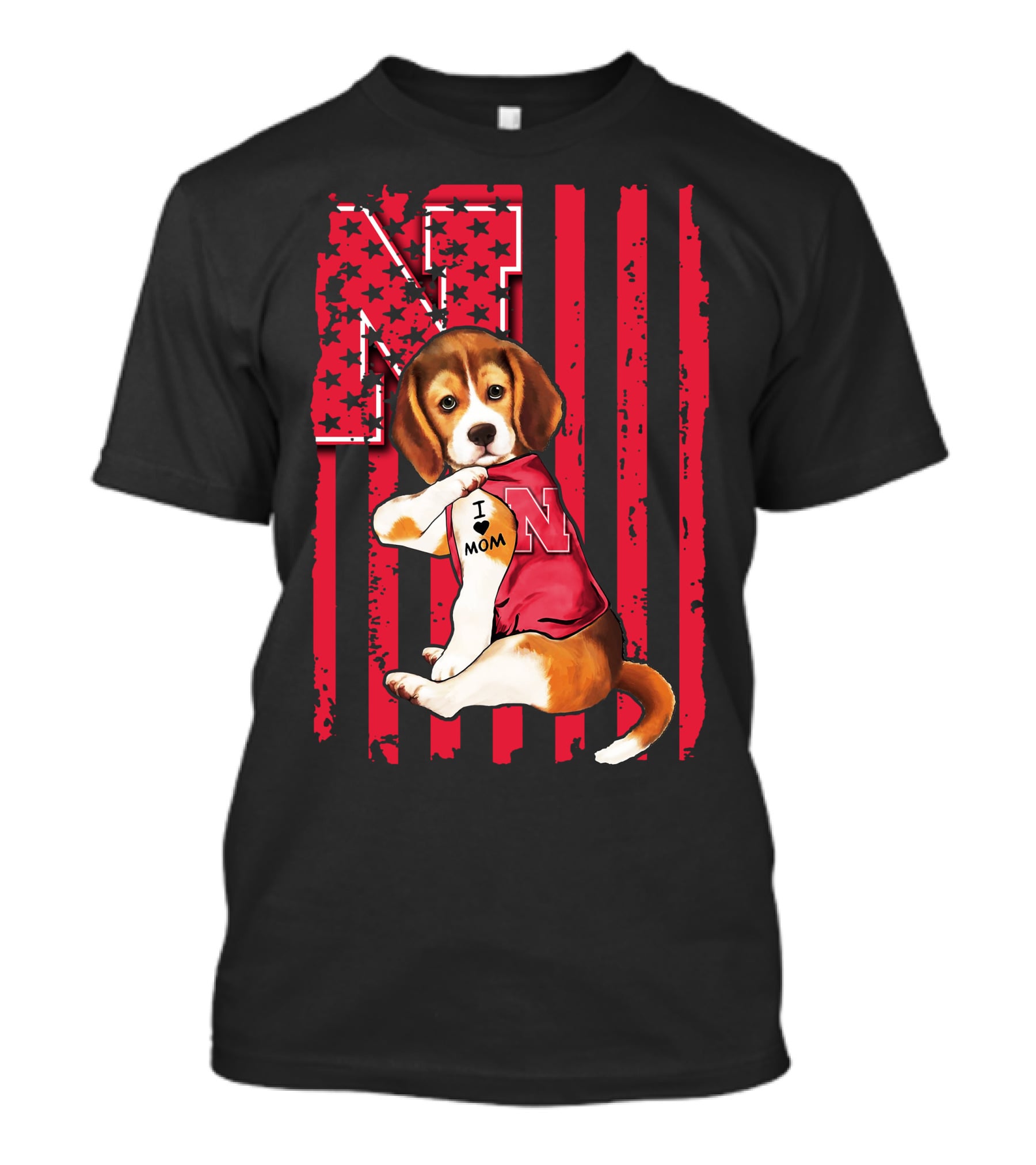 Beagle I Love Mom Nebraska Cornhuskers American Flag Stars And Stripes Football T-Shirt