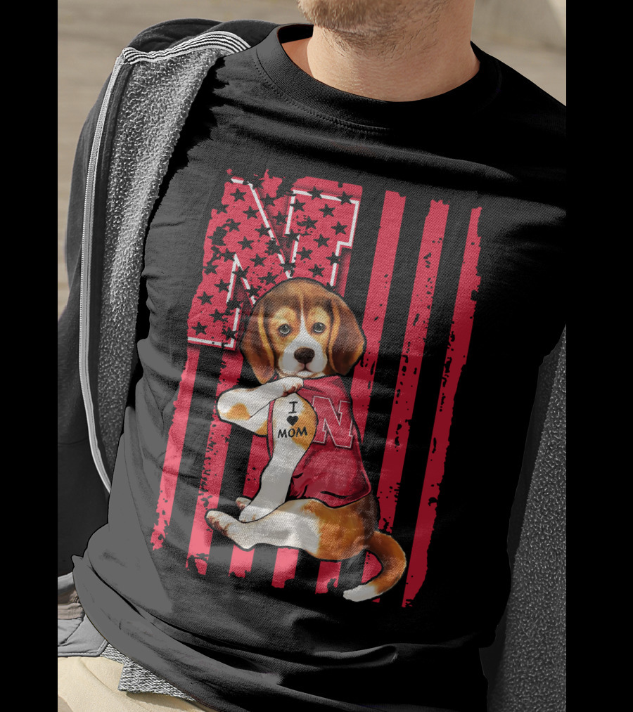 Beagle I Love Mom Nebraska Cornhuskers American Flag Stars And Stripes Football T-Shirt