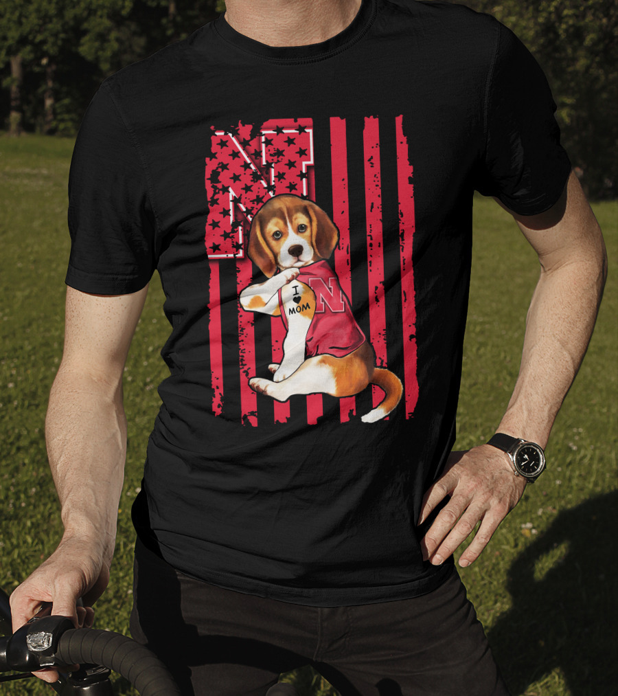 Beagle I Love Mom Nebraska Cornhuskers American Flag Stars And Stripes Football T-Shirt
