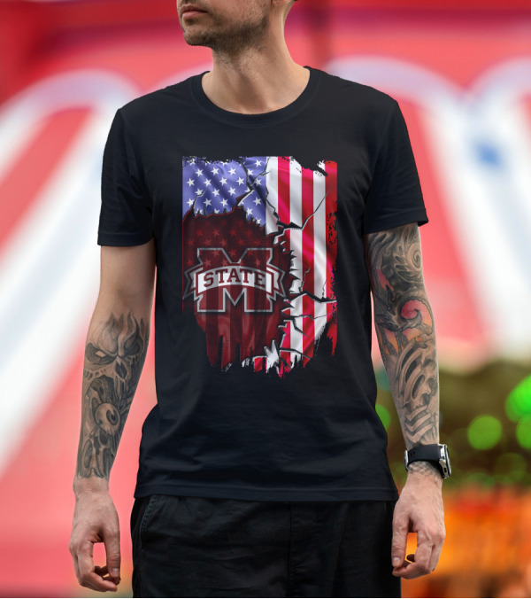 Premium T-Shirt: Mississippi State Bulldogs American Flag Torn T-Shirt Mississippi State Bulldogs American Flag Torn T-Shirt