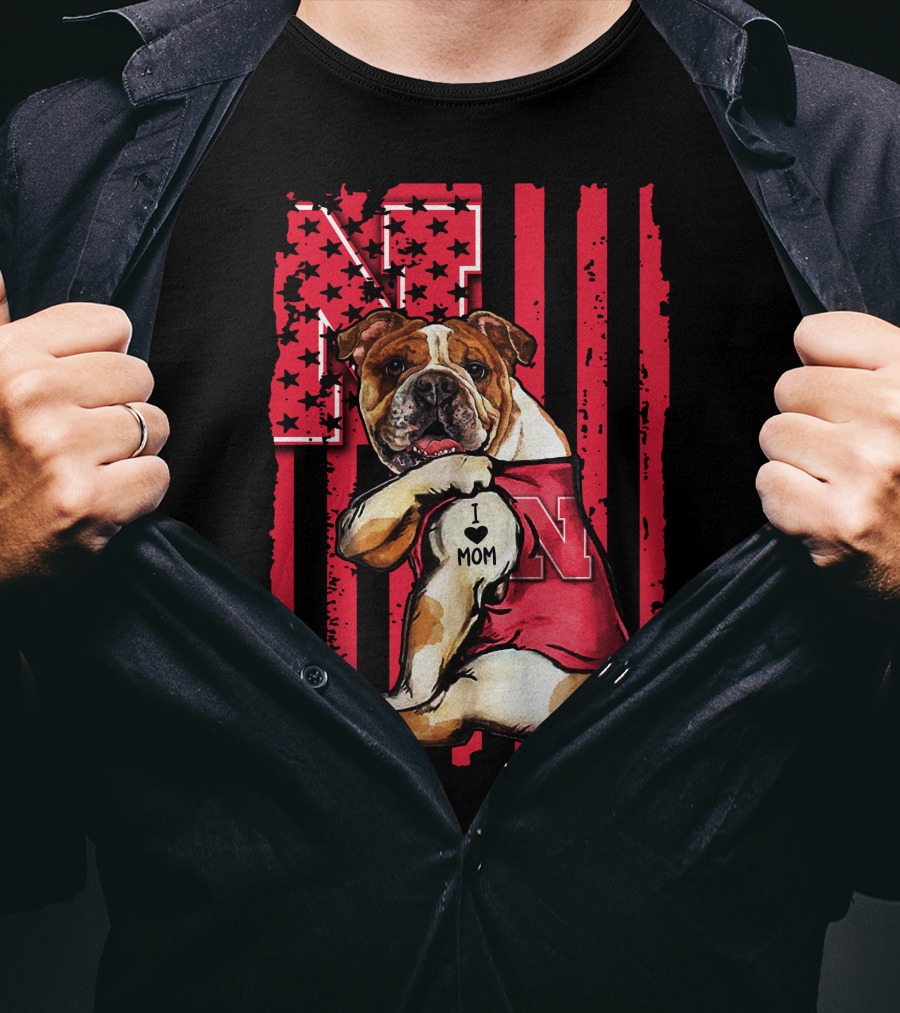 Bulldog I Love Mom Nebraska Cornhuskers N Flag Stars T-Shirt
