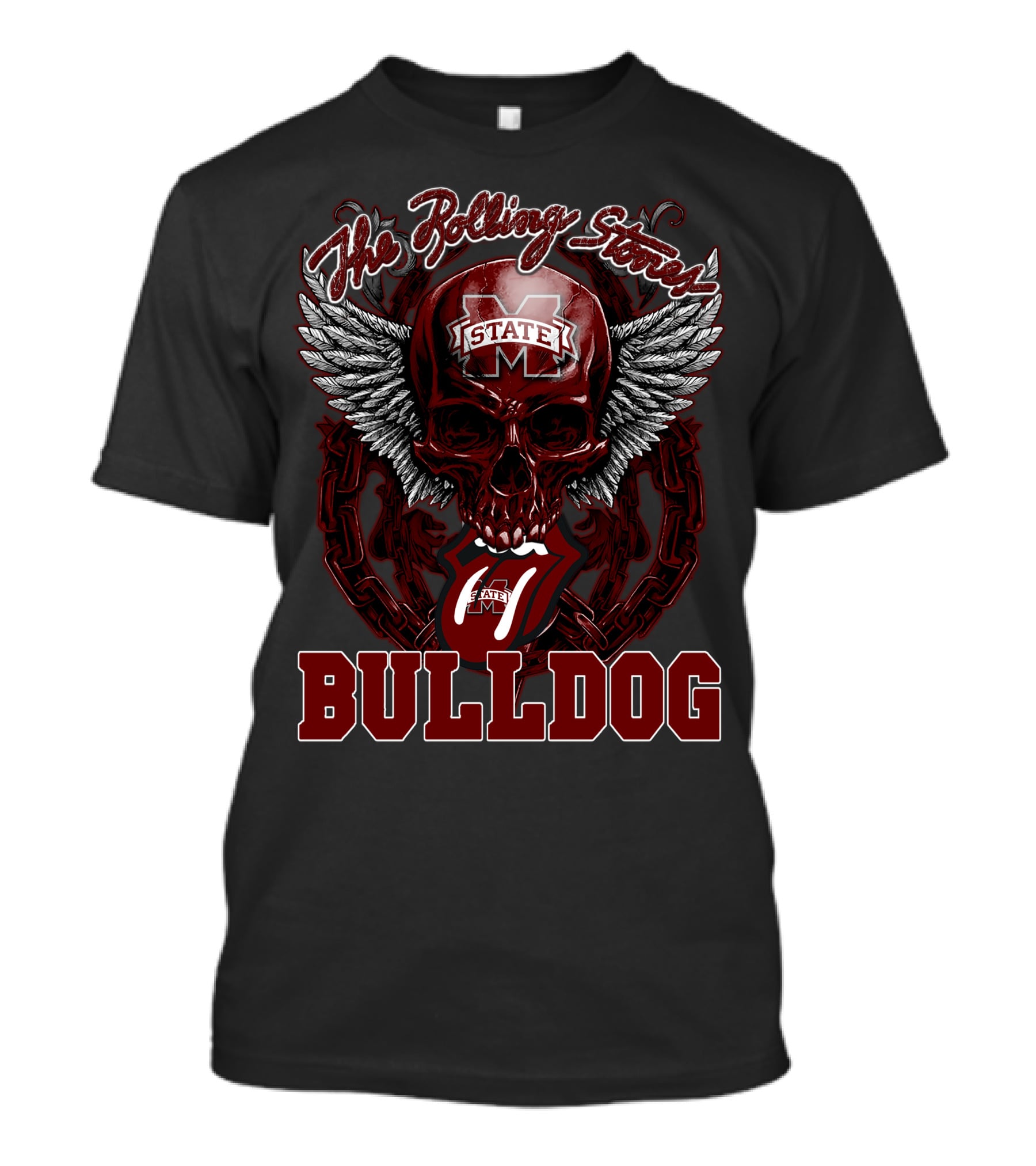 The Rolling Stones Mississippi State Bulldog Skull Logo With Wings And Chain T-Shirt
