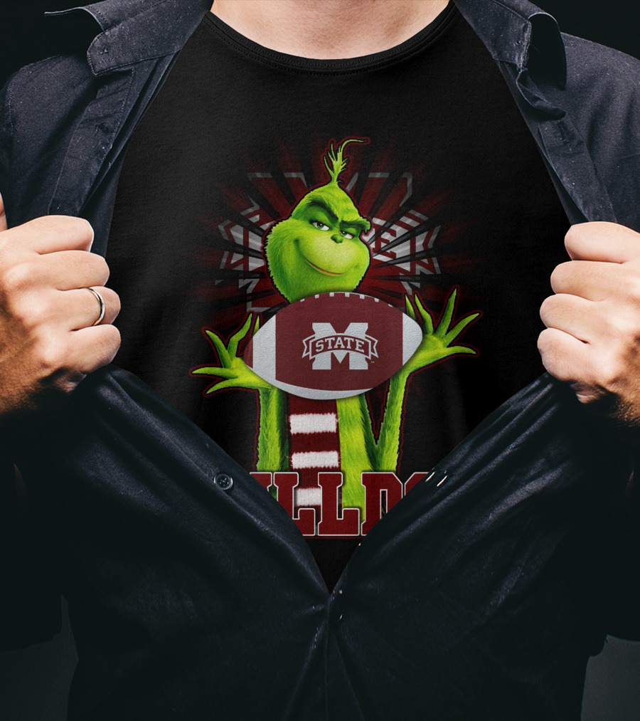 Mississippi State Bulldogs Grinch Holding Football T-Shirt