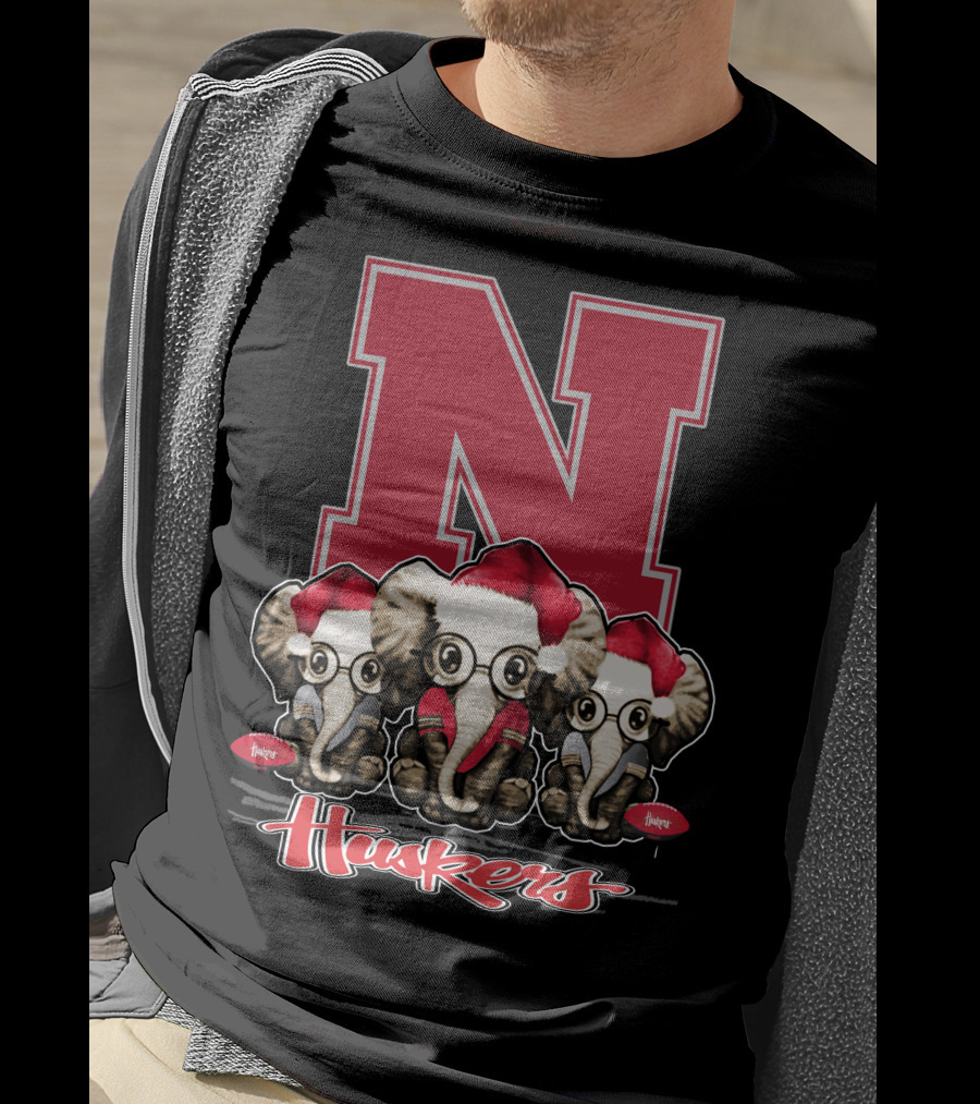 Elephan Xmas Nebraska Huskers Santa Hat Trio T-Shirt
