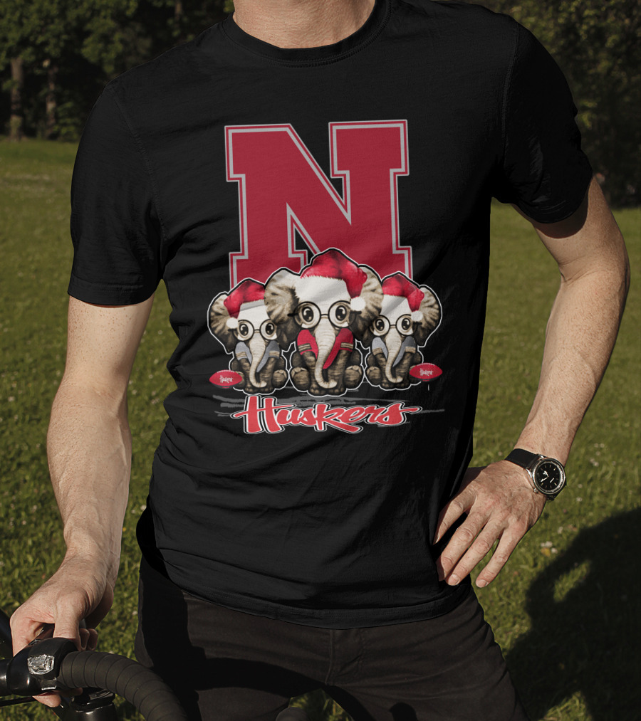 Elephan Xmas Nebraska Huskers Santa Hat Trio T-Shirt