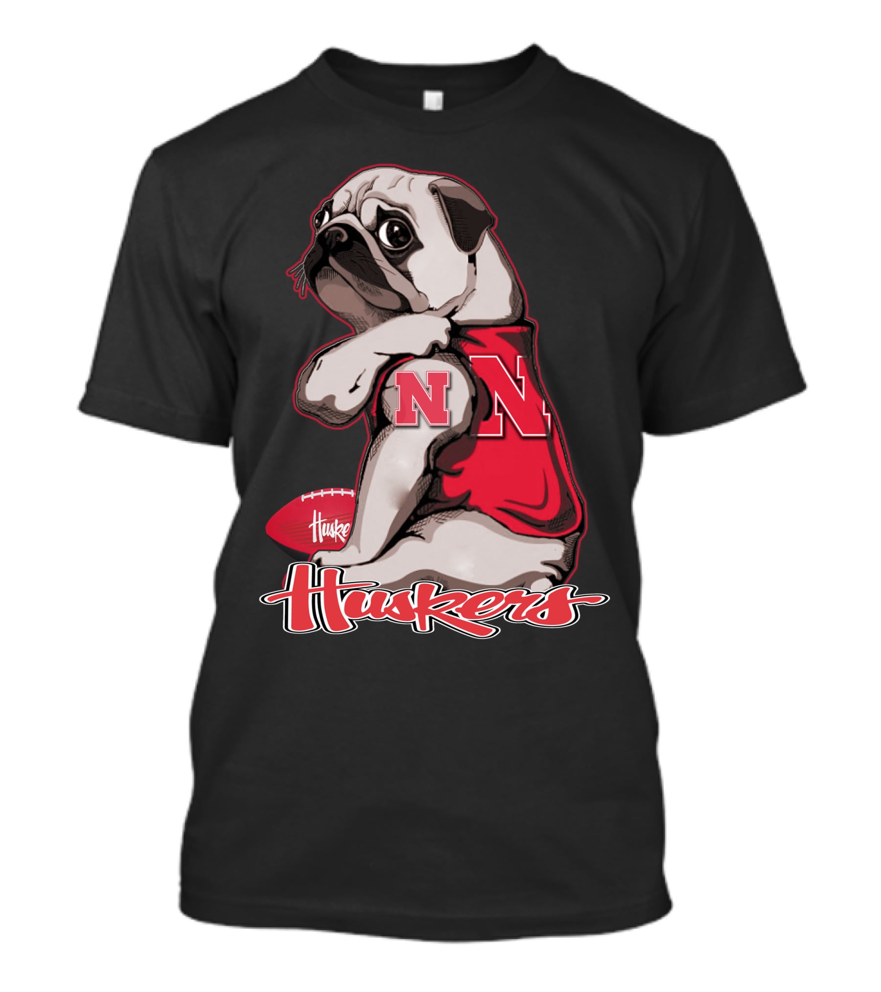Pug Wearing Nebraska Cornhuskers Shirt And Football Huskers T-Shirt