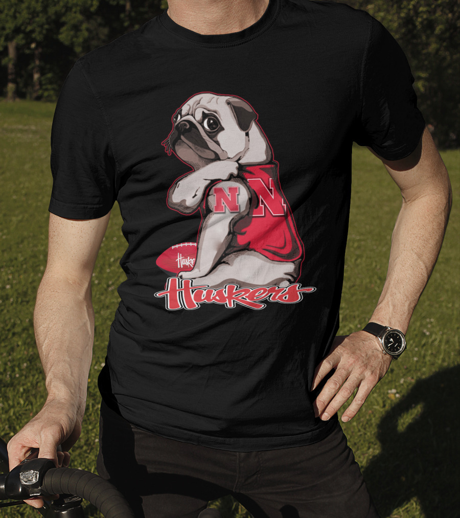 Pug Wearing Nebraska Cornhuskers Shirt And Football Huskers T-Shirt